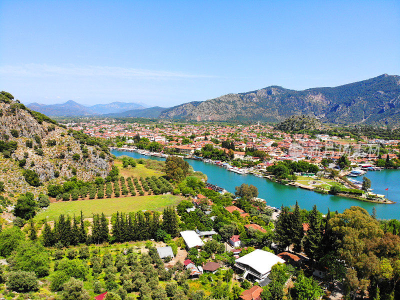 空中全景Dalyan Kaunos, Fethiye，土耳其